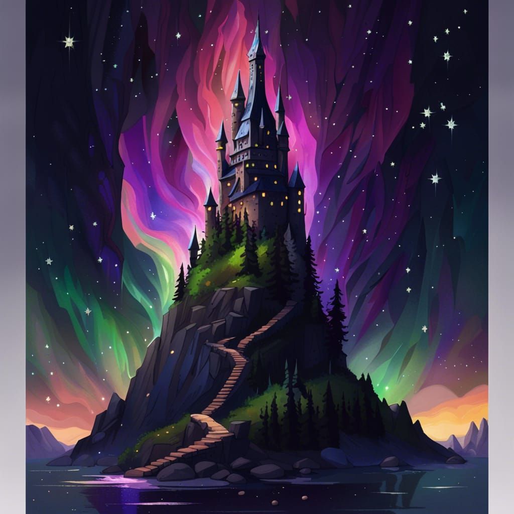 Fantasy Castle Tower Reaching Aurora Borealis Sky
