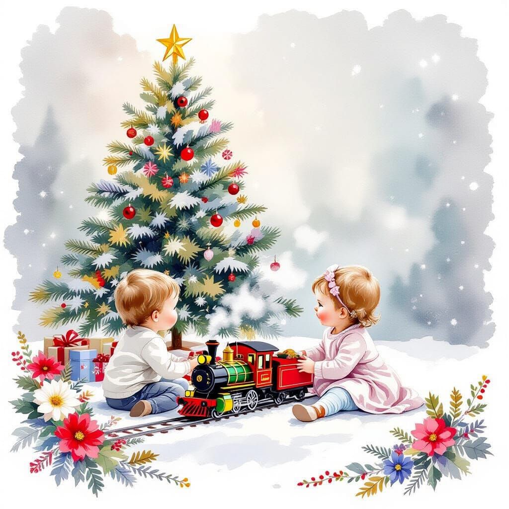 Whimsical Christmas Train Scene with Children and Flowers