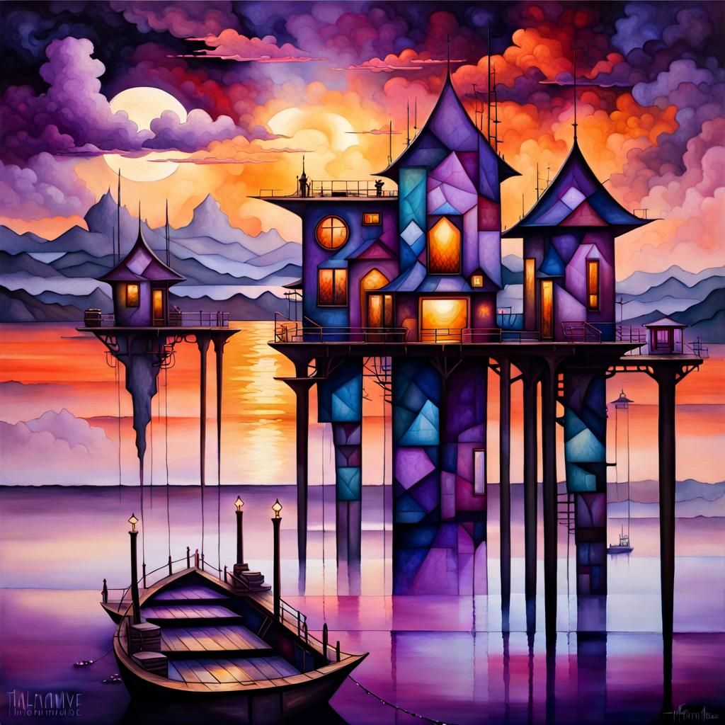 Cubist Dreamscape: Geometric Docks at Violet Sunset