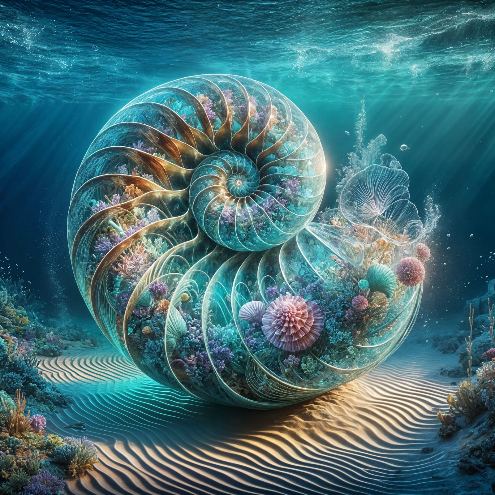 Surreal Underwater Dreamscape with Glowing Nautilus Shell