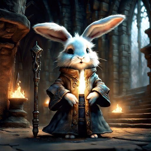 Adorable Bunny Wizard in Dungeon, 3D Render