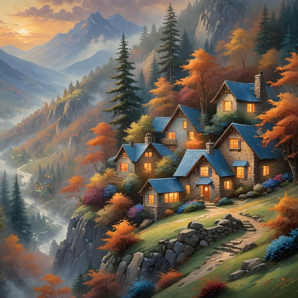 Cozy Cottage on Misty Mountain as Oil Painting