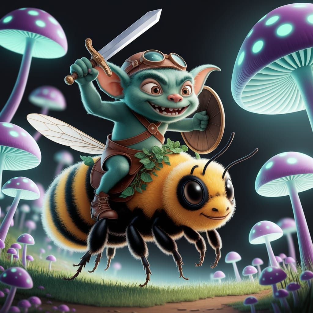 Gremlin's Bumblebee Ride Through Glowing Mushroom Field
