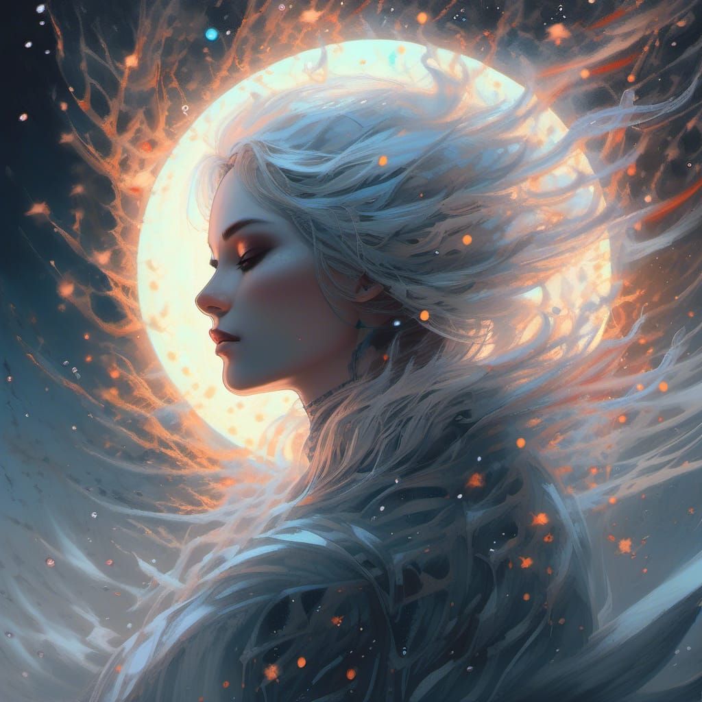 Glowing Female Mage Casting Magic Under Moon