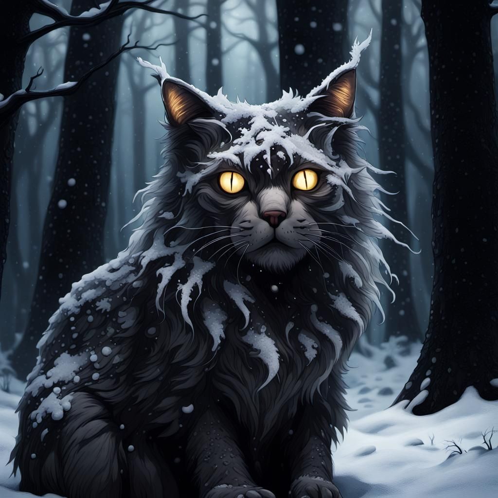 Gigantic, Grotesque Cat in Snowy Winter Wonderland