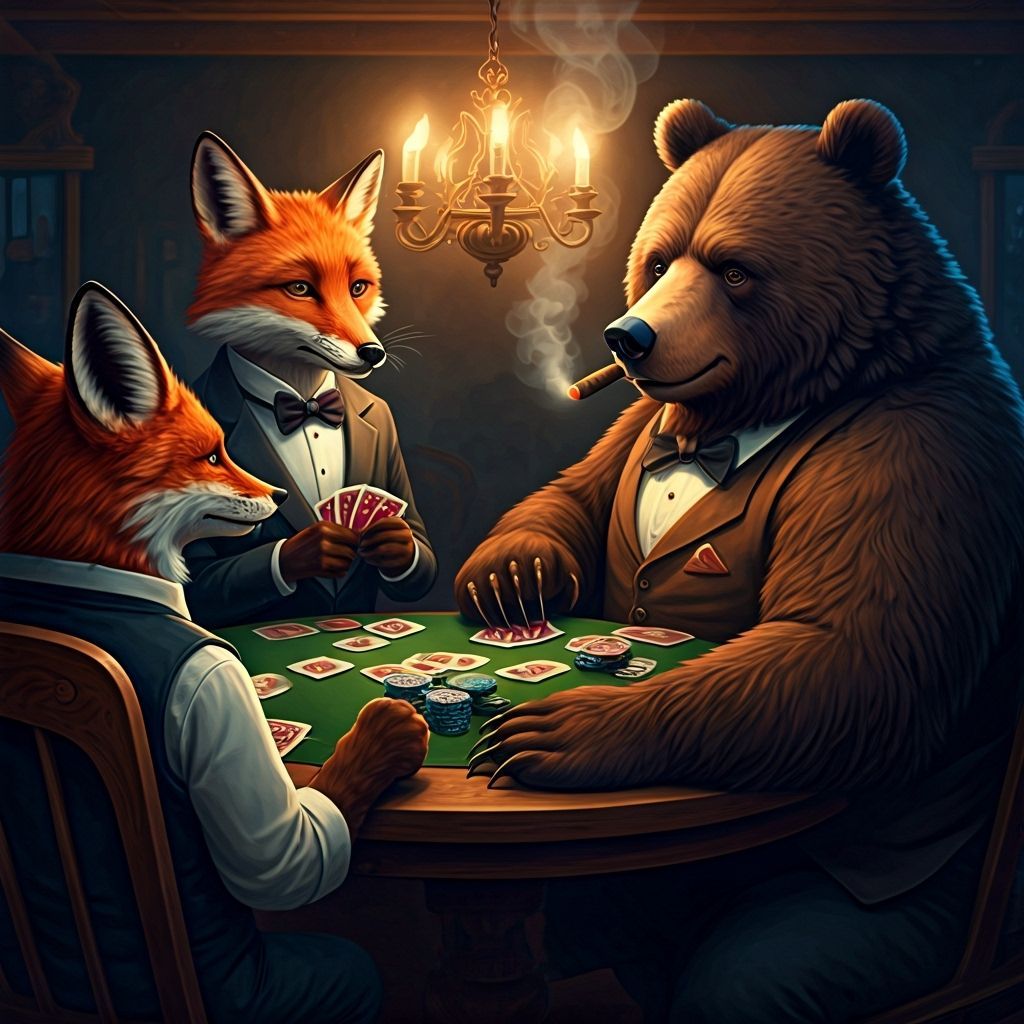Anthropomorphic Animals Play Poker in Western Art Style