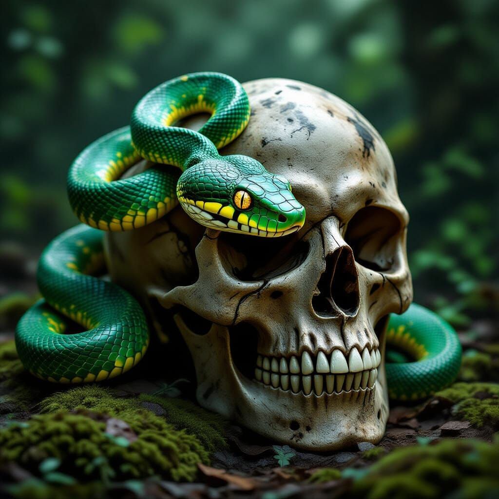 Venomous Snake Emerges From Skull in Dark Fantasy Art