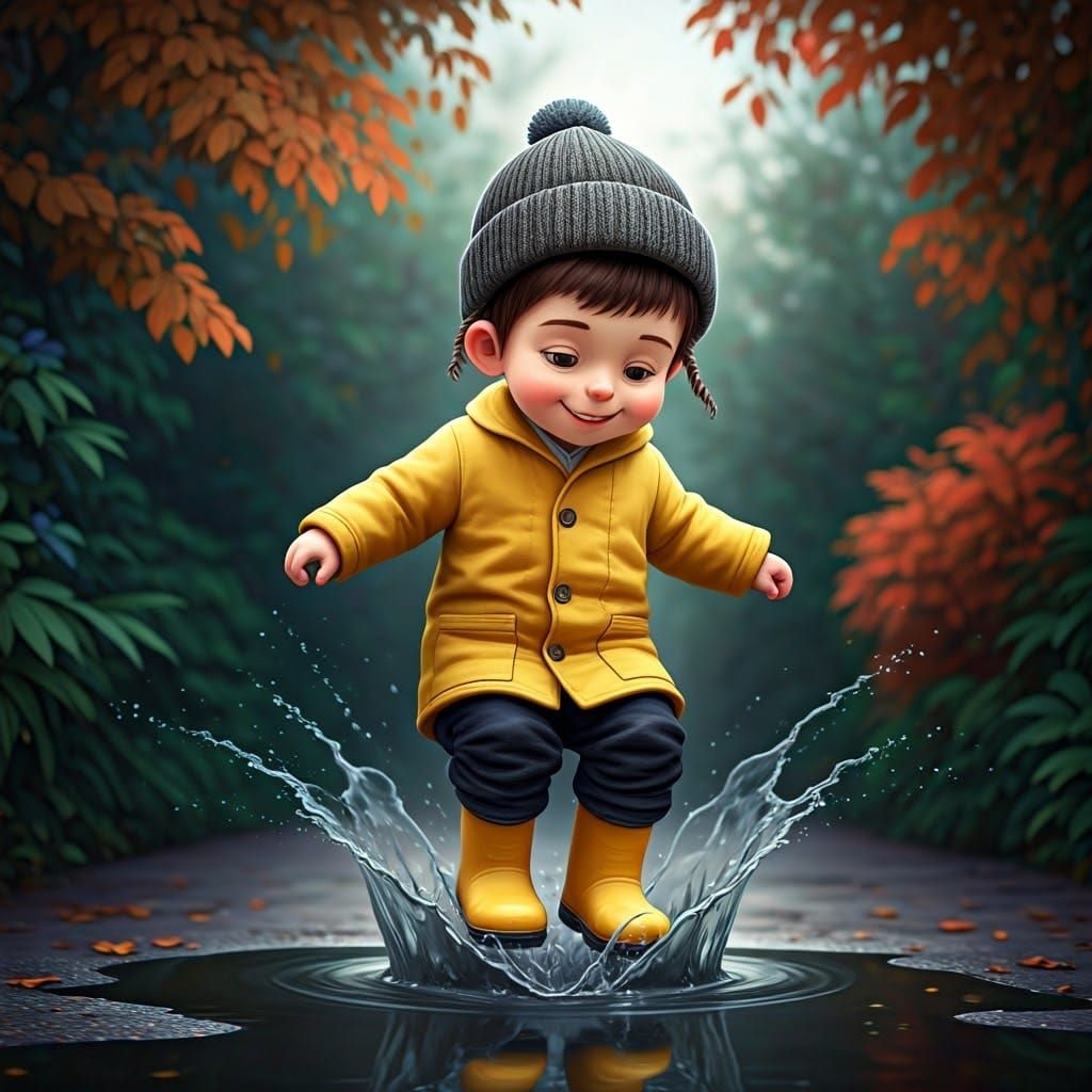 Joyful Orthodox Boy Jumping in Puddle: 3D Render
