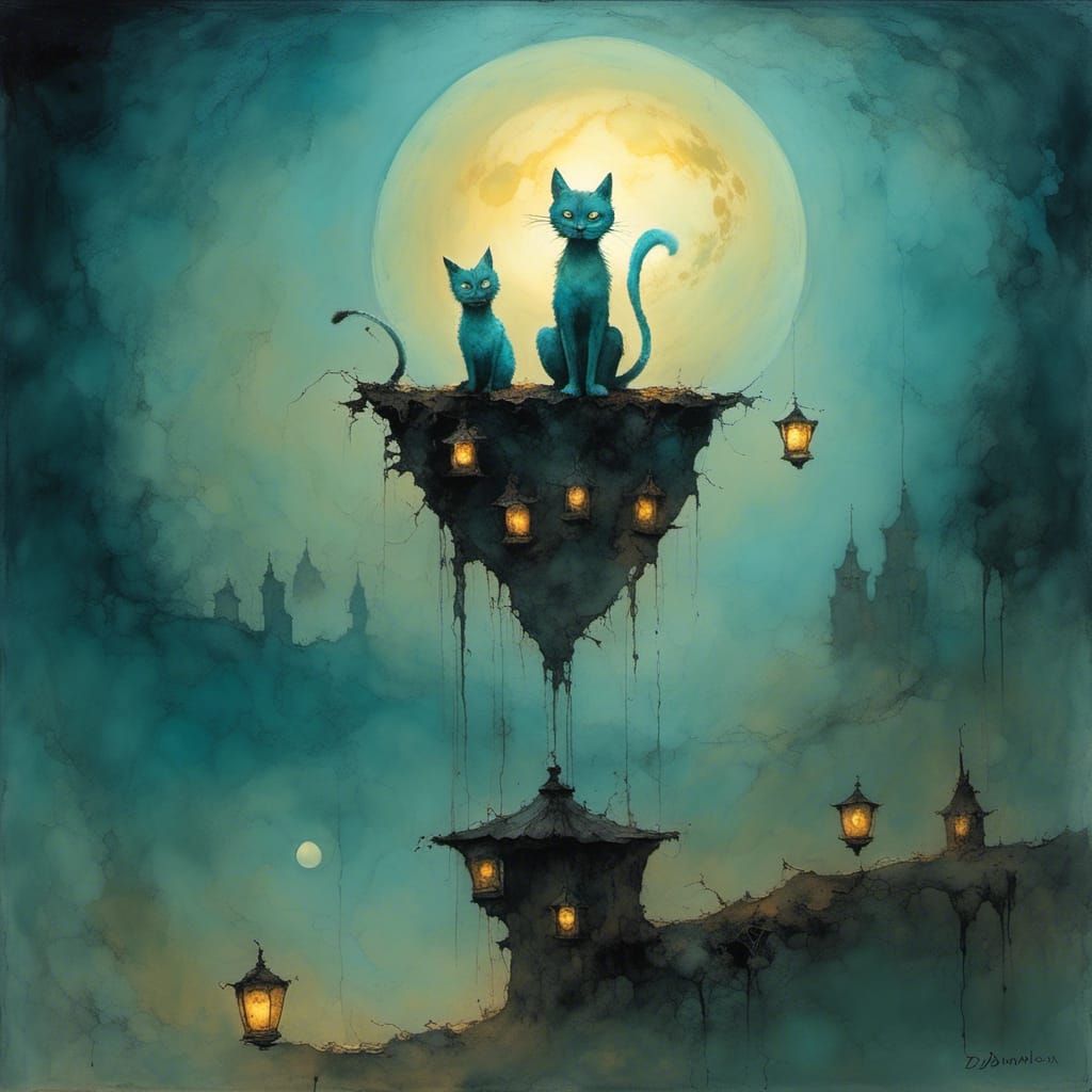 Surreal Mooncat in Misty Landscape, Dreamlike 3D Rendering