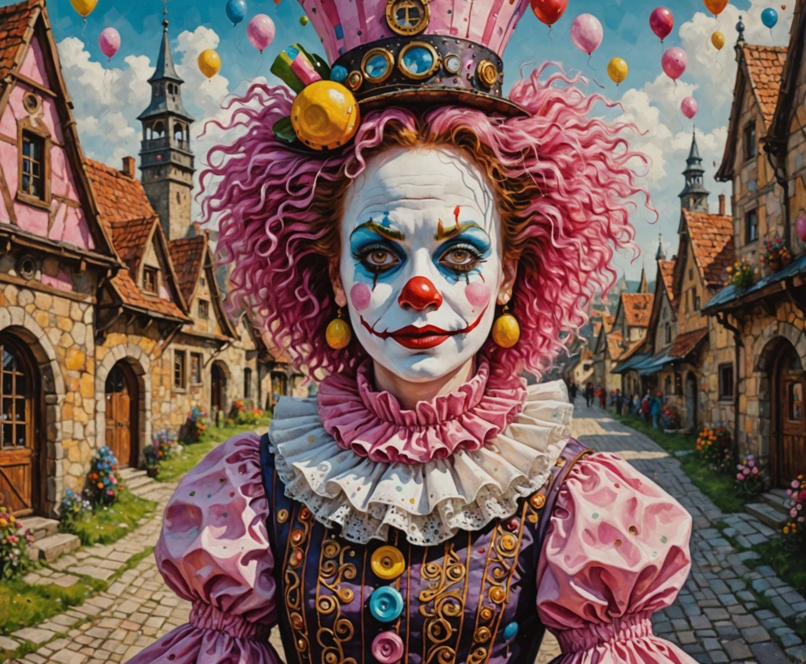 Surreal Steampunk Easter Clown in Vibrant Pink Dress