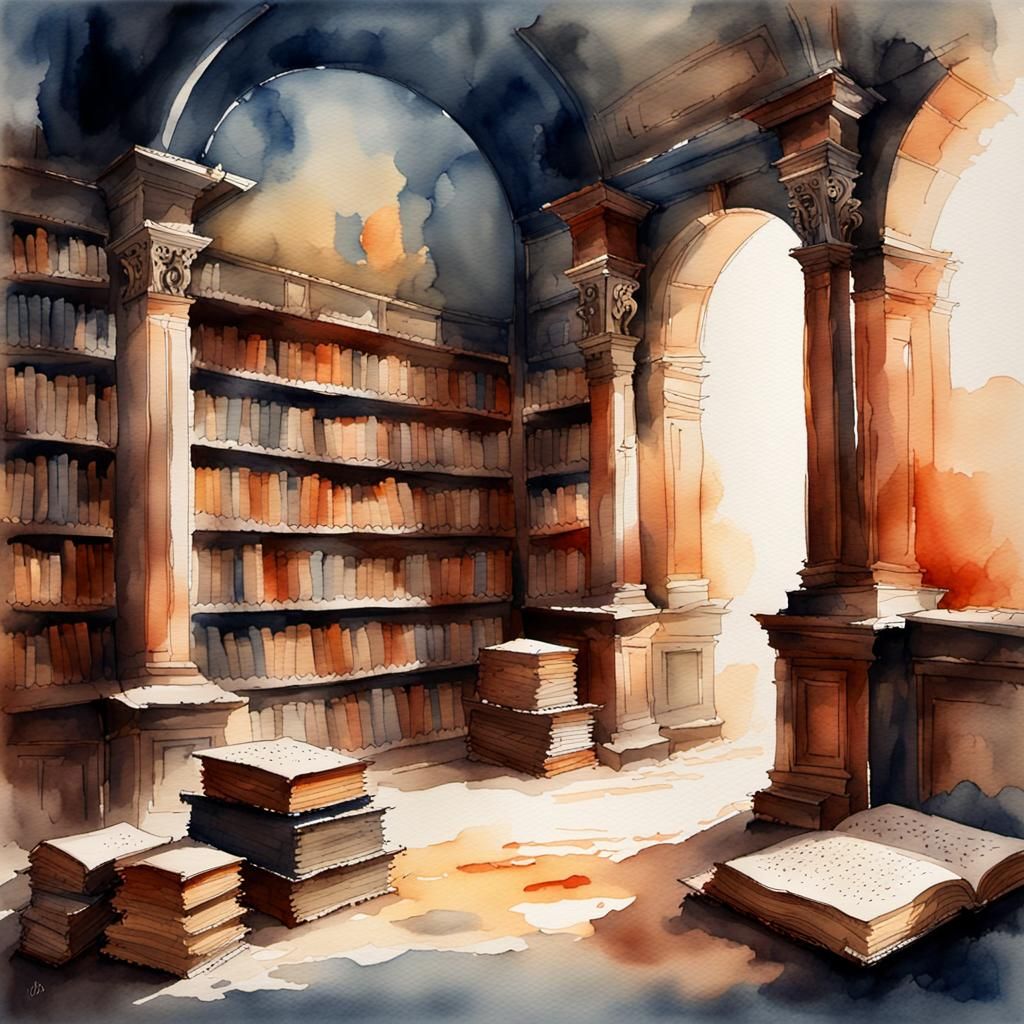 Ancient Libraries: Watercolor Painting with Dramatic Lightin...