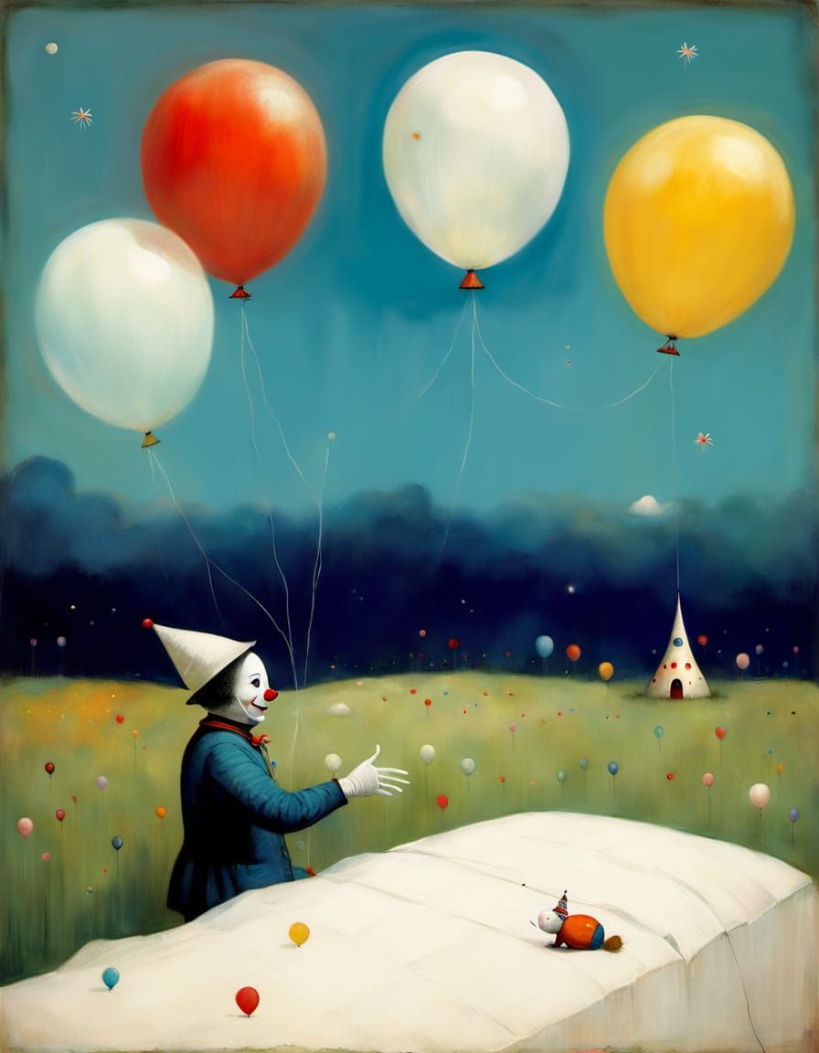 Clown's Whimsical Rocket Launch, Dreamlike Art