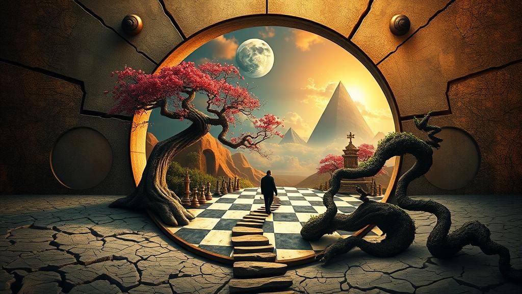 Surreal Chessboard Scene in Stargate Portal