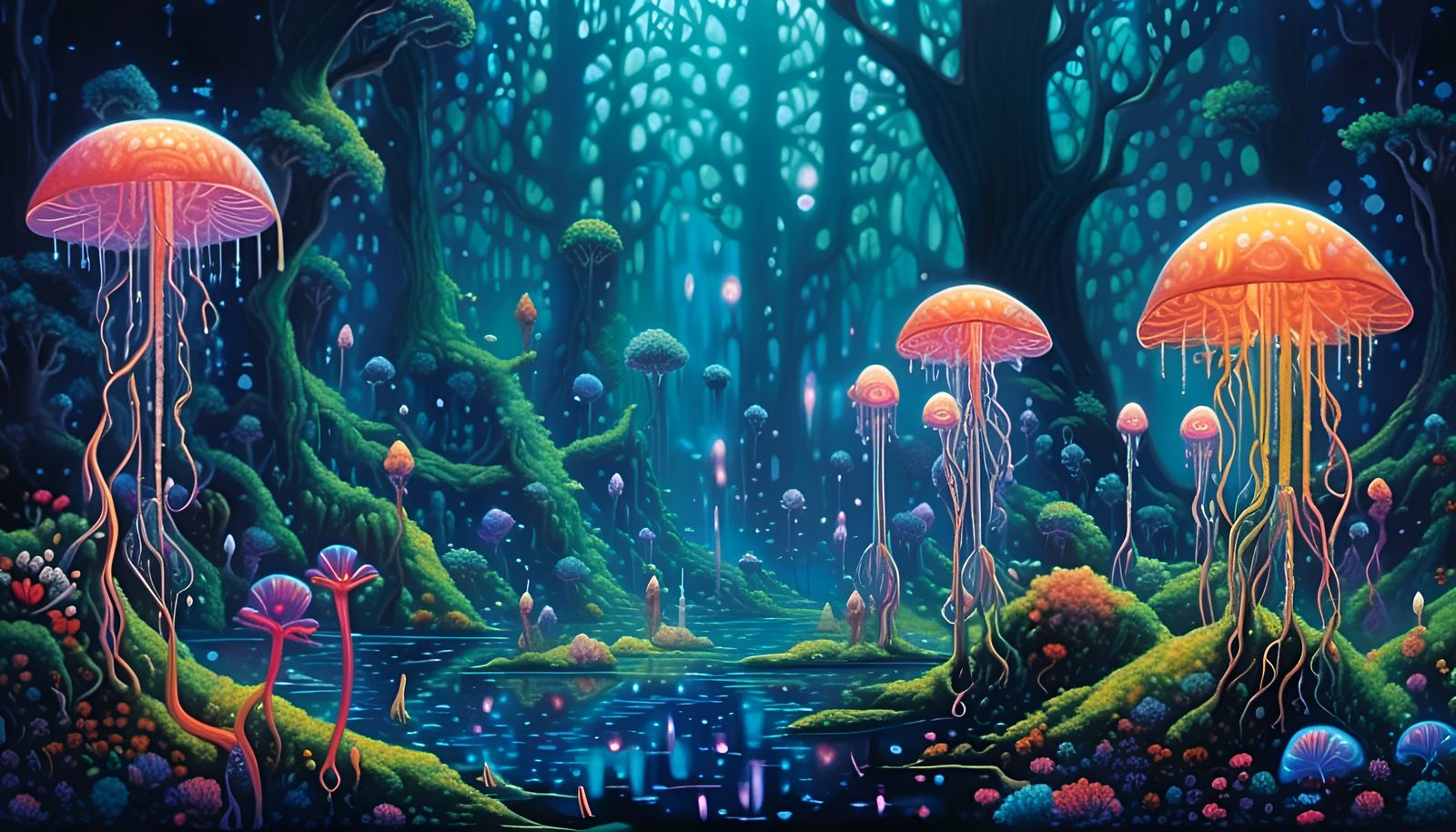 Glowing Sea Creatures in a Bioluminescent Underwater Graffit...