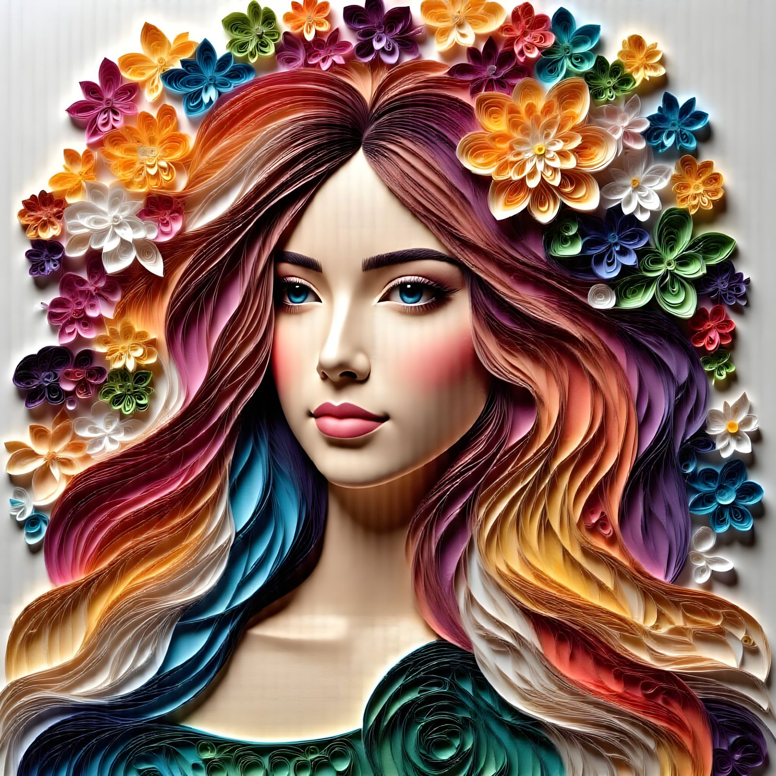 Woman Portrait Crafted from Layered Rainbow Paper