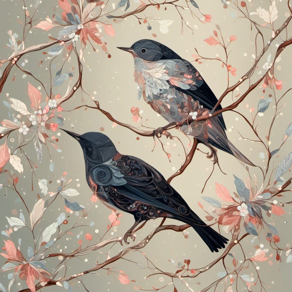 Starling on Branch in Whimsical Style