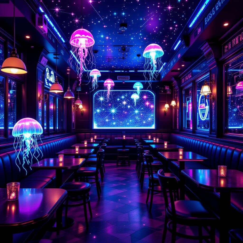 Neon Pub with Glitter and Jellyfish