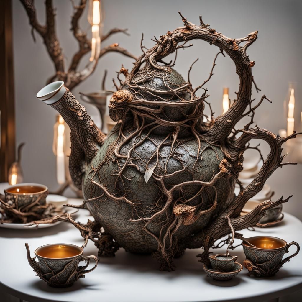 Surreal Twig Teapot and Leaf Teacups