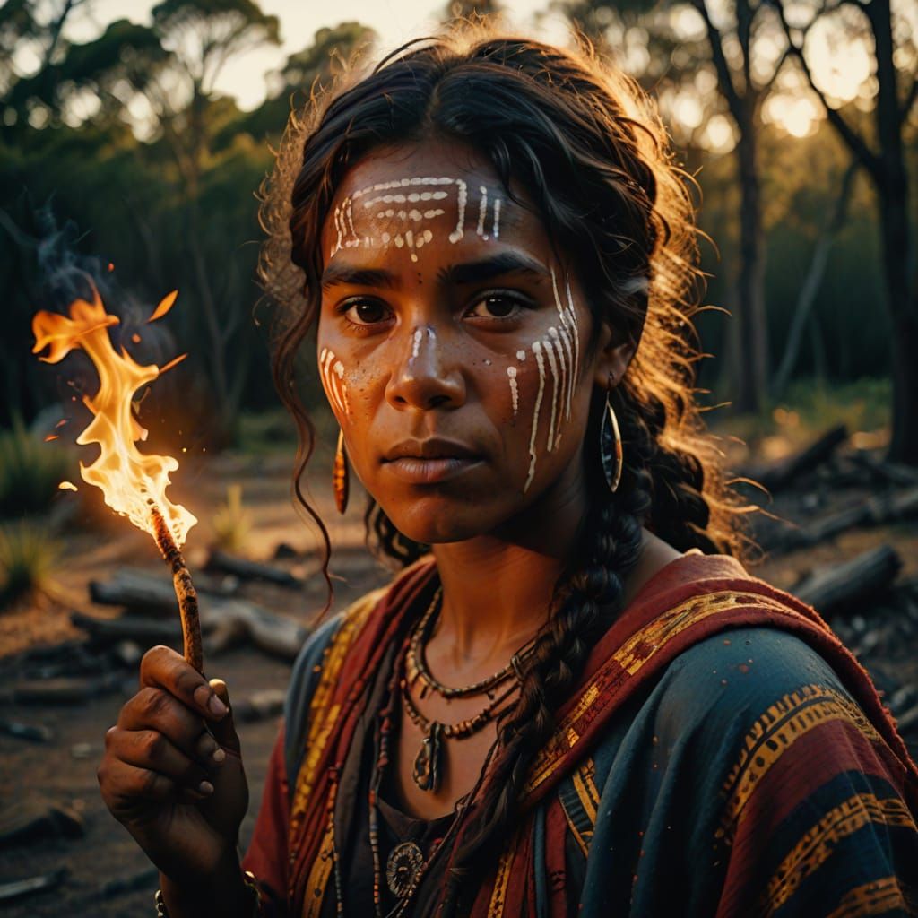 Aboriginal Woman with Digging Stick in Oil Painting Style