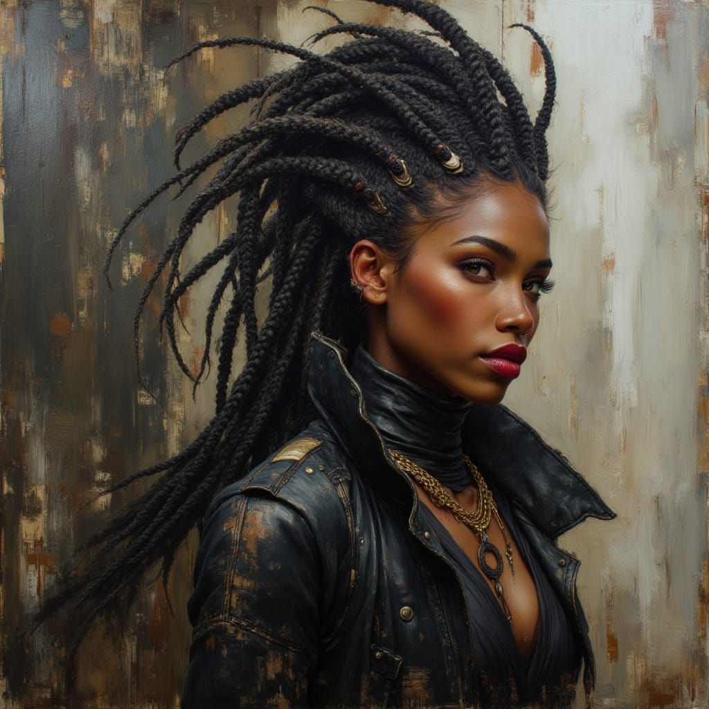 African Goddess in Cyberpunk City Oil Painting