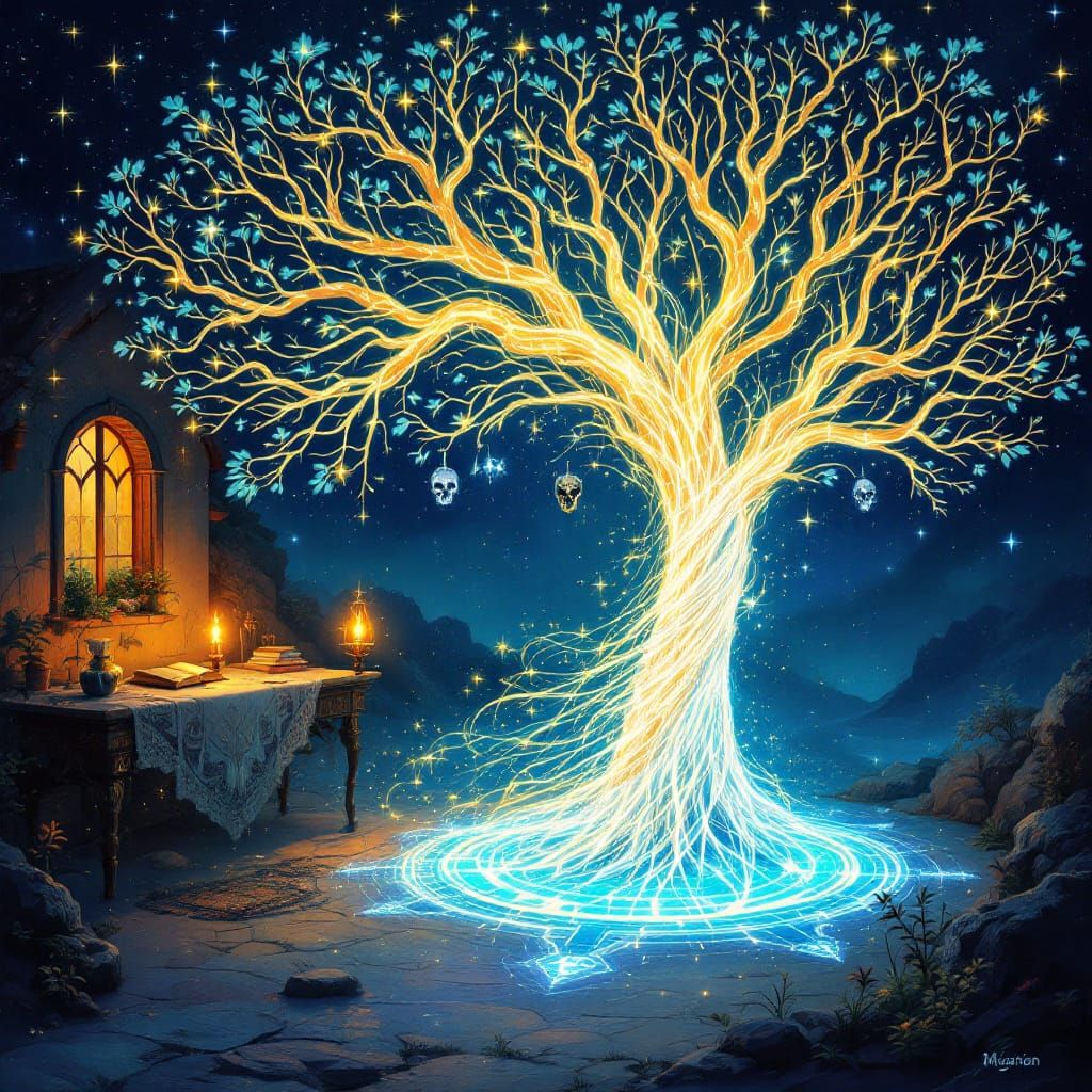 Cosmic Woman Battles Darkness Amidst Sacred Geometry