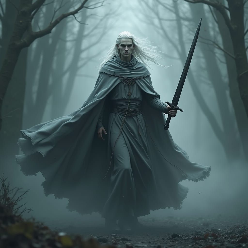 Ethereal Elf Warrior Cloaked in Smoke and Shadow