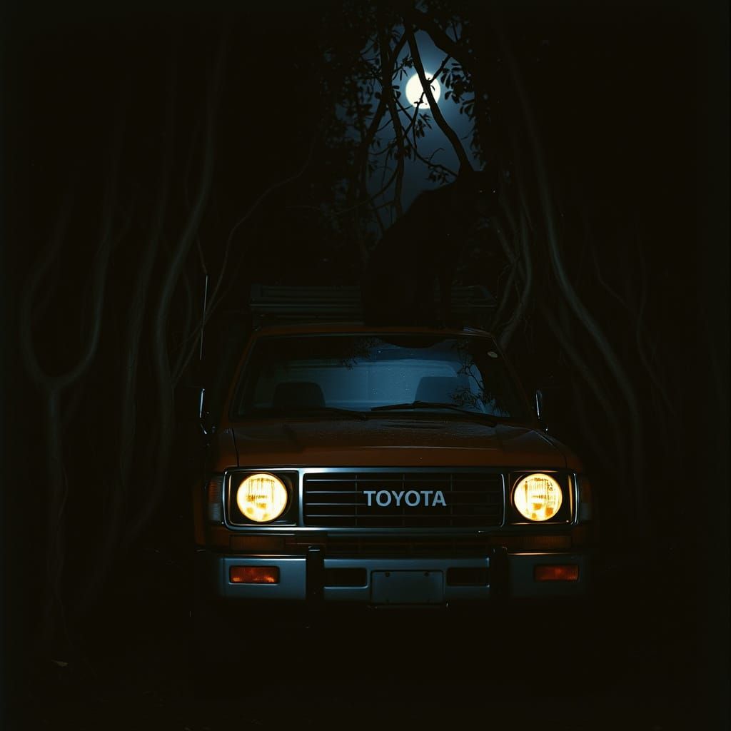 Toyota Hilux in Jungle with Glowing-Eyed Wolf Dog