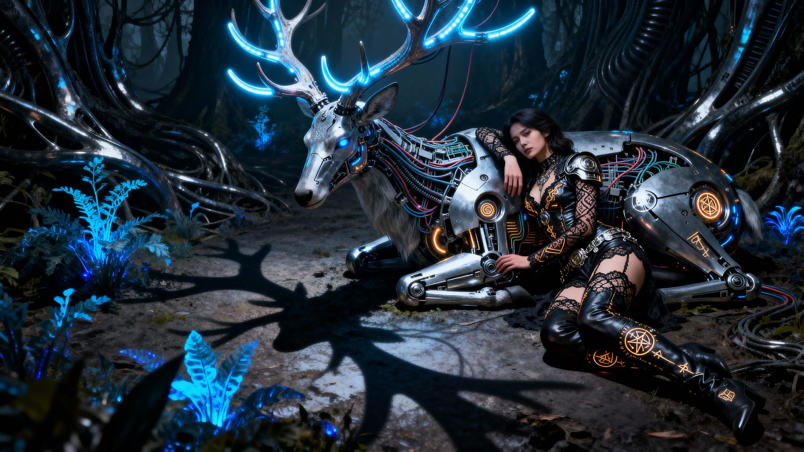 Cybernetic Reindeer with Woman in Bioluminescent Forest