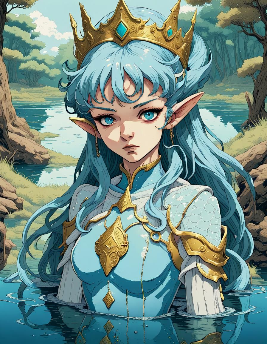 1980’ anime video game by Katsuya Terada, Mark Brooks, Elf princes in a lake, big detailed anime art, portrait, hdr, com...