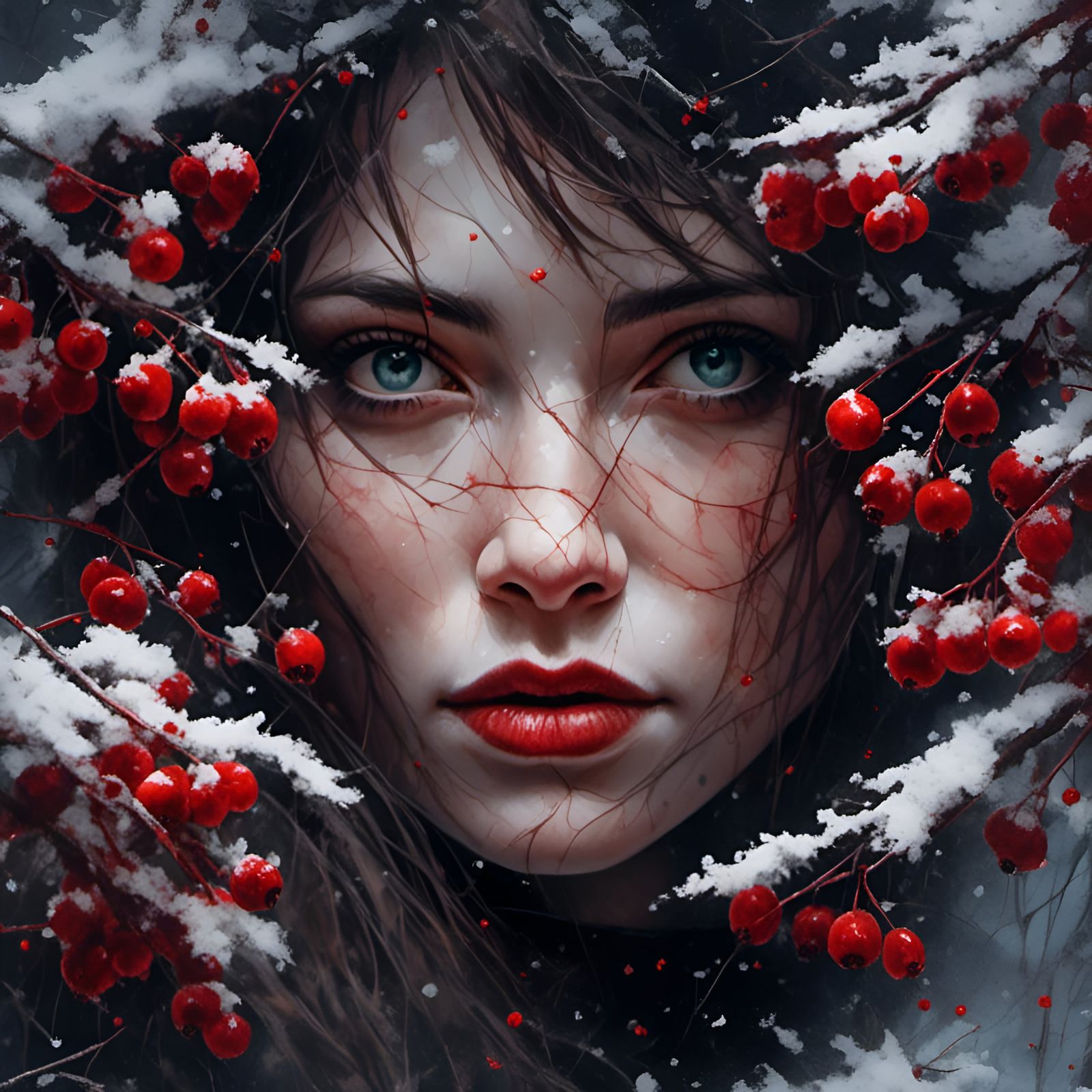 Snowy Woman with Red Berries in 3D Anime Style