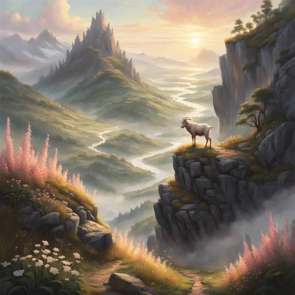 Whimsical Fantasy Goat Ascends Misty Mountain Peak at Sunris...