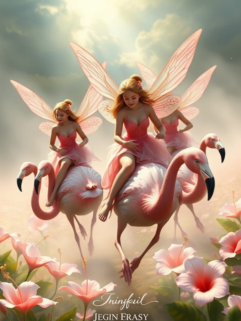Fairies Racing Flamingos in Hibiscus Field