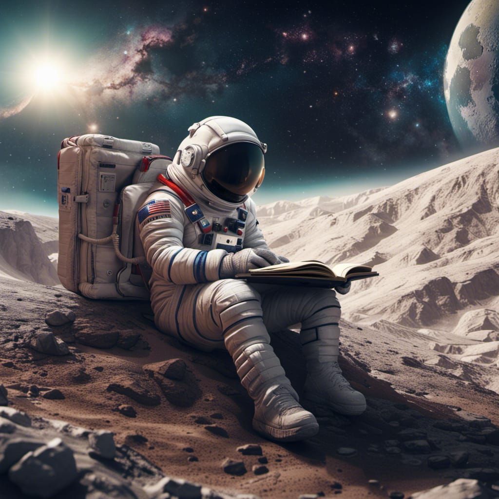 Astronaut Reading on the Moon with Galaxy Background