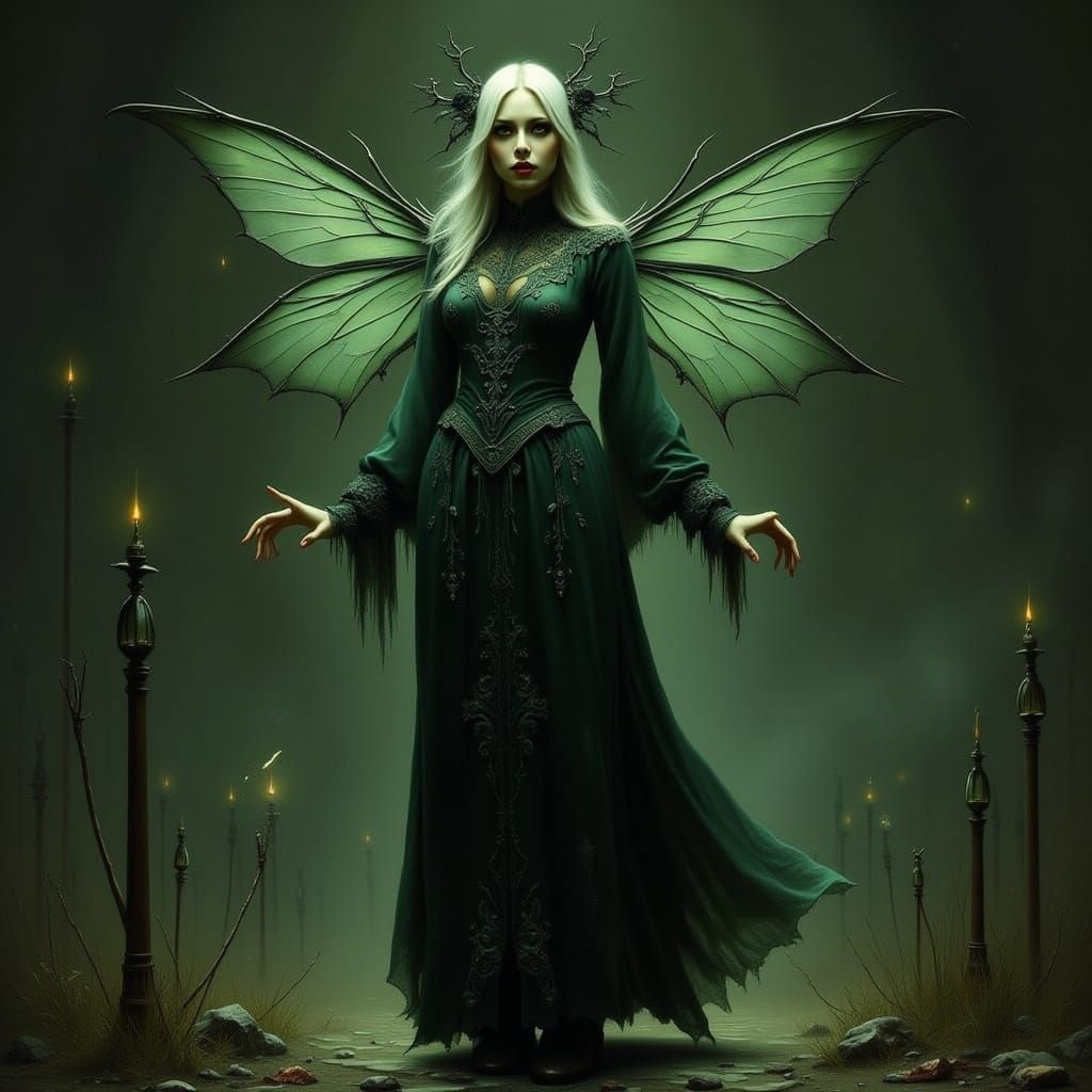 Mystical Fairy in Victorian Gown Illuminated by Flickering C...