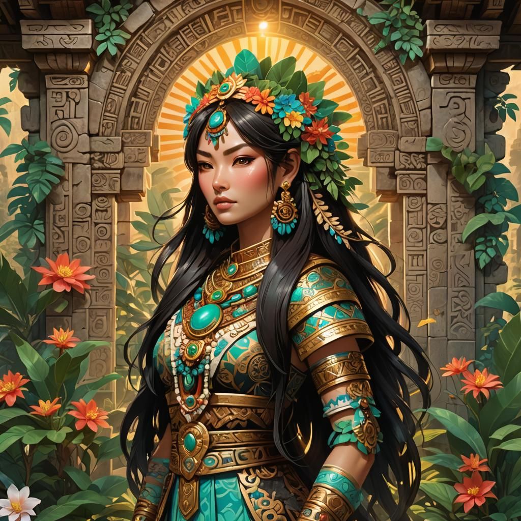 Aztec-Maya Princess in Ghibli-Style Temple