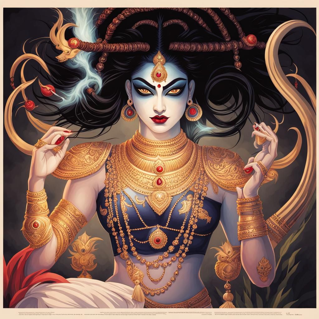 Goddess Kali Slaying Demons: Digital Illustration