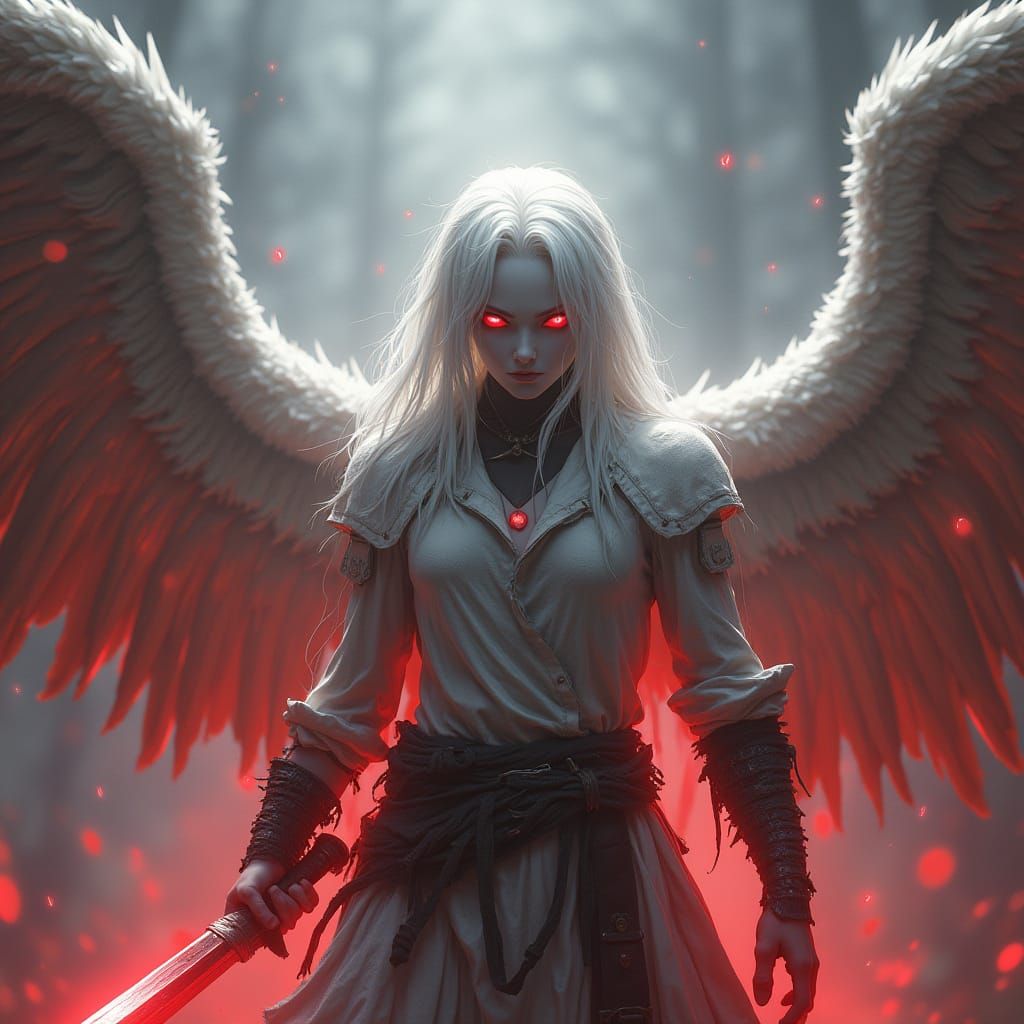 Cyberpunk Angel with Haunting Aura and Sword of Light