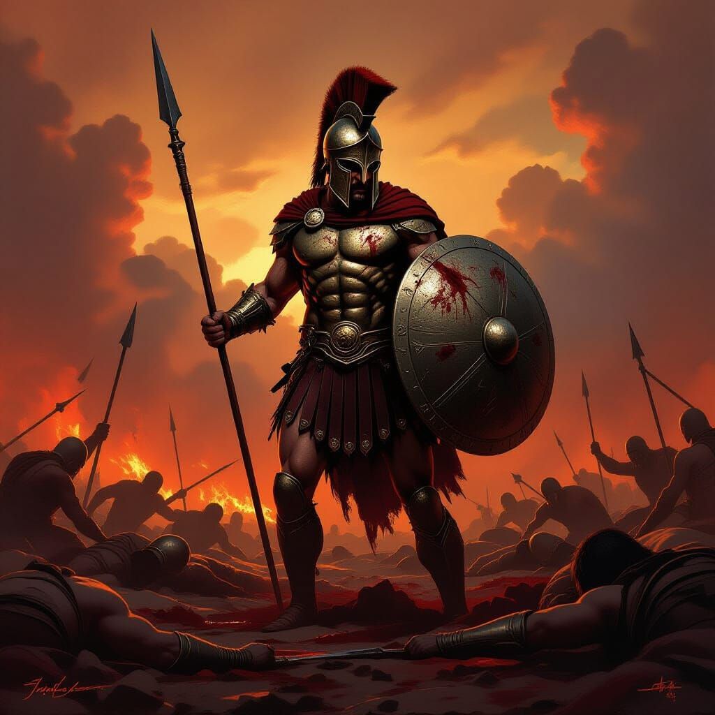 Lone Spartan Warrior in Epic Fantasy Battle