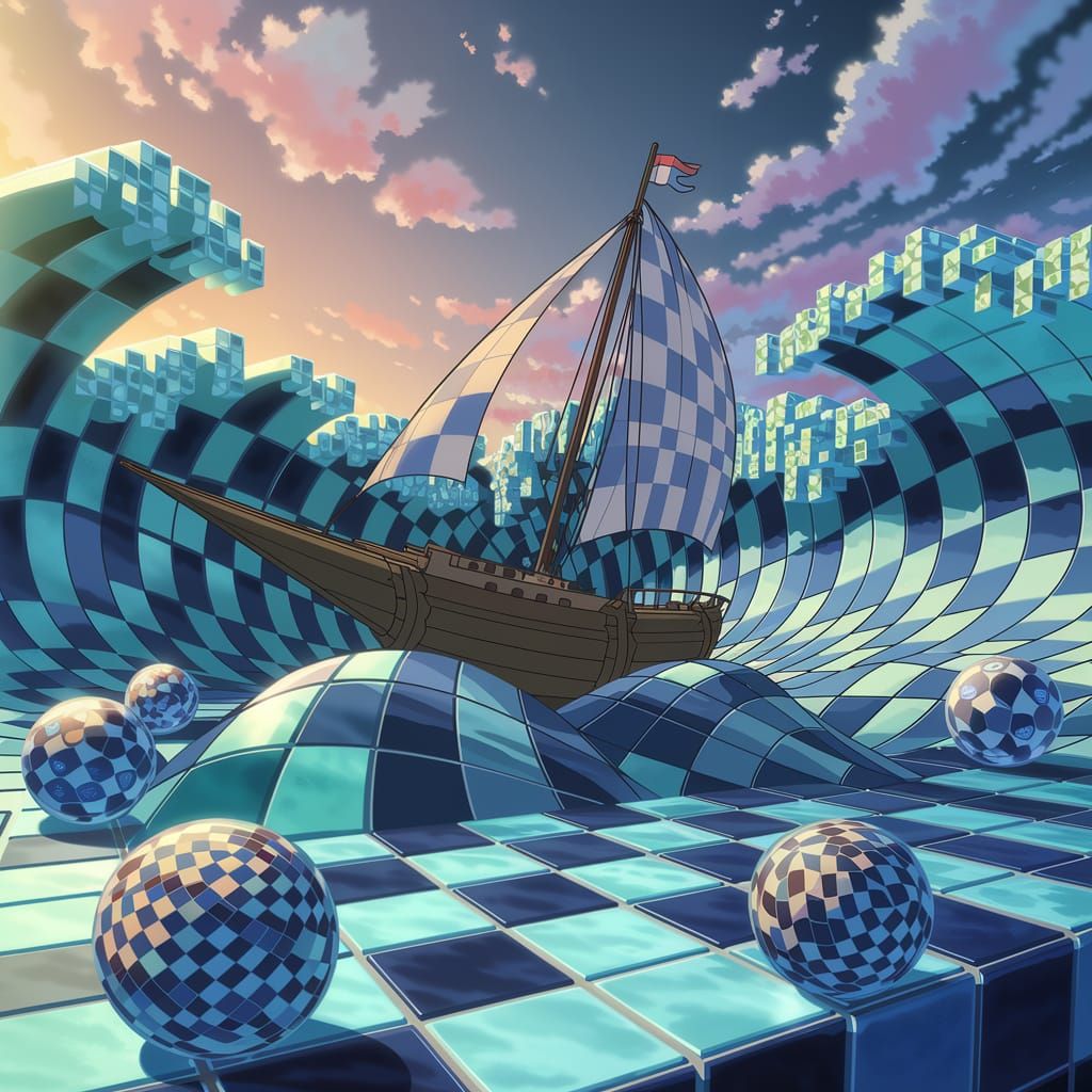 Anime-Style Sailing Boat in Psychedelic Waves