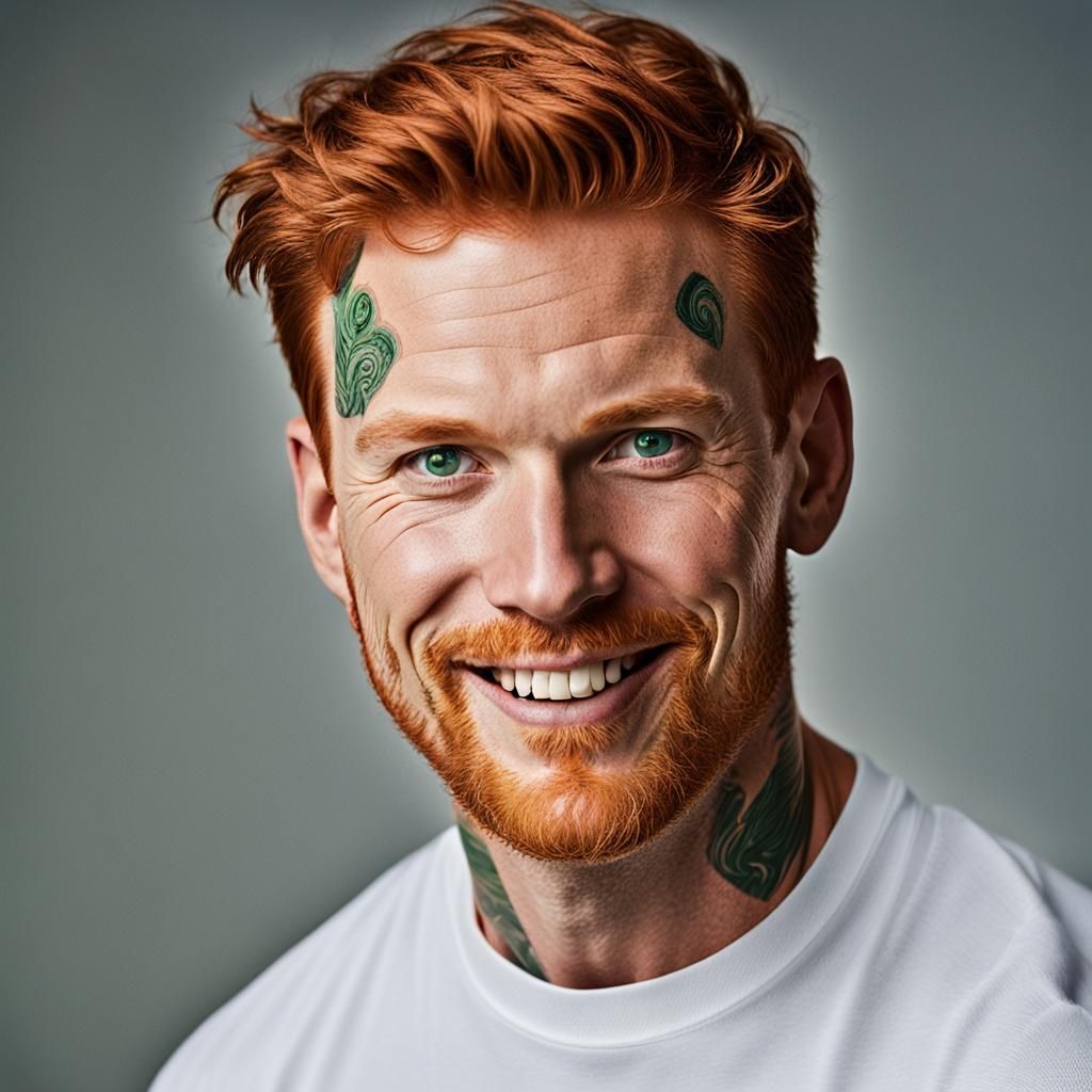 Detailed Portrait of Handsome Ginger Man with Tattoos