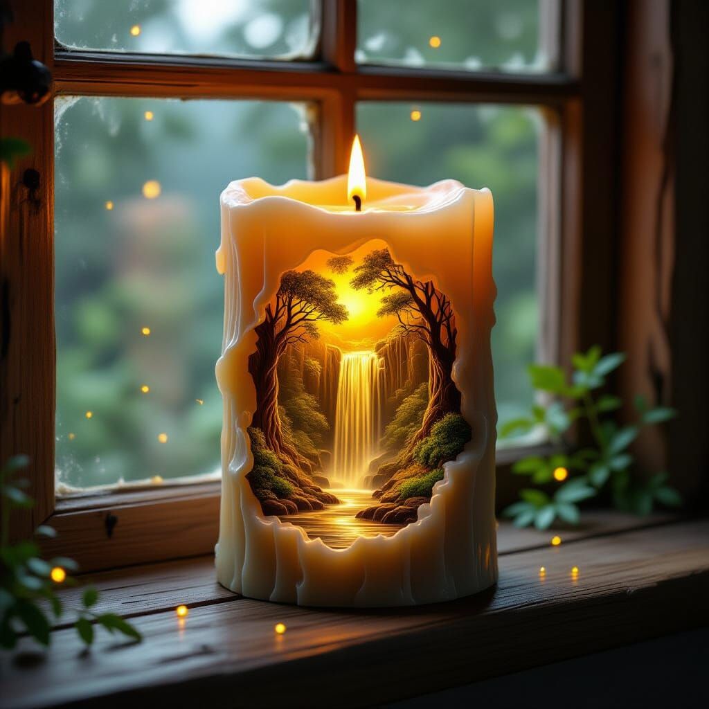 Magical Candle with Golden Waterfall, Hyper-Realistic