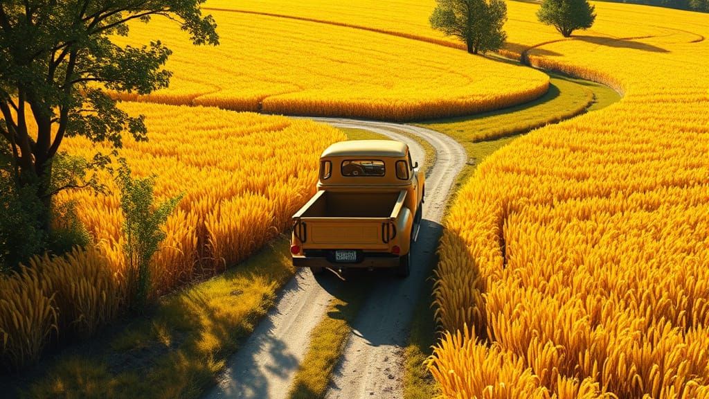 Vintage Truck in Golden Barley Rice Field