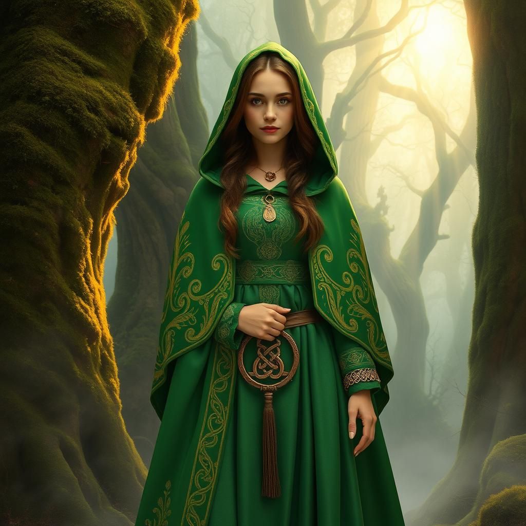 Woman wearing a vibrant green medieval-style cloak