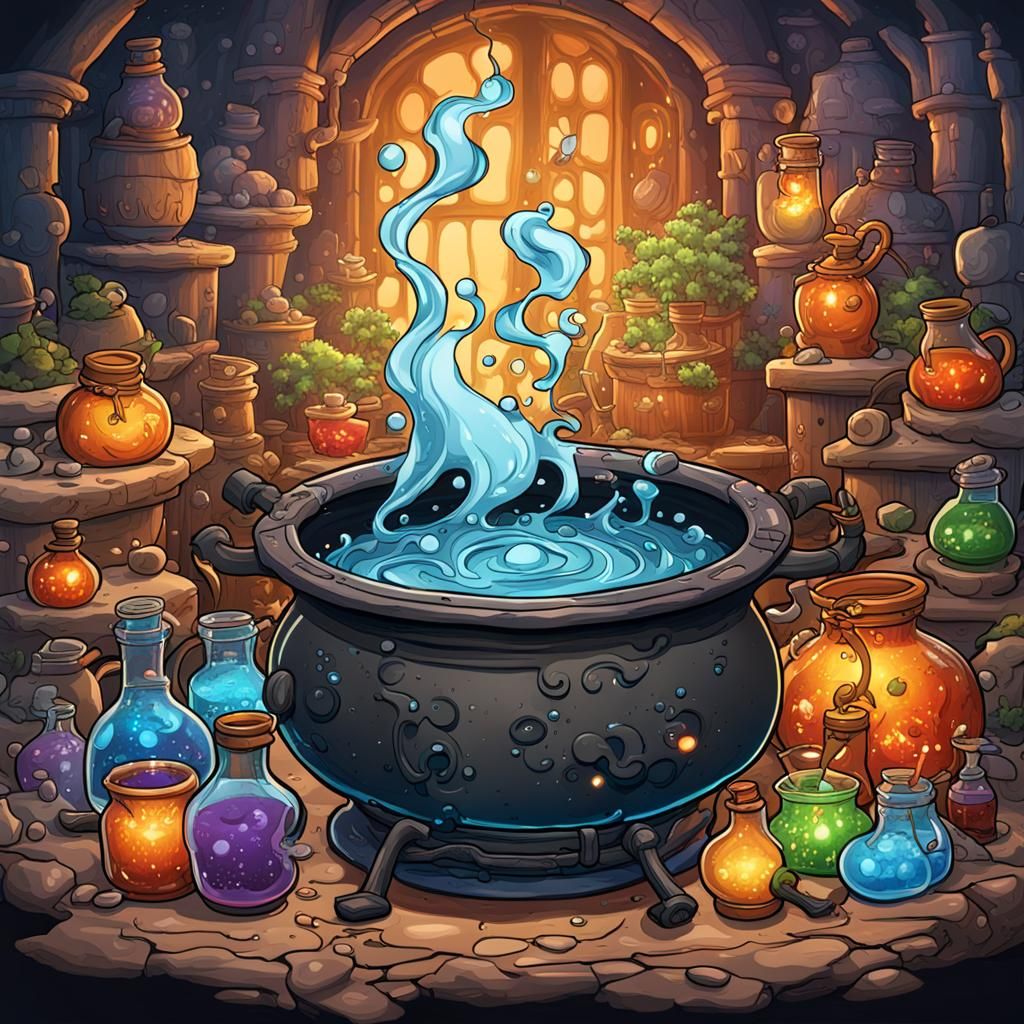 Bubbling Cauldron Coloring Book Page in Detailed Matte Style