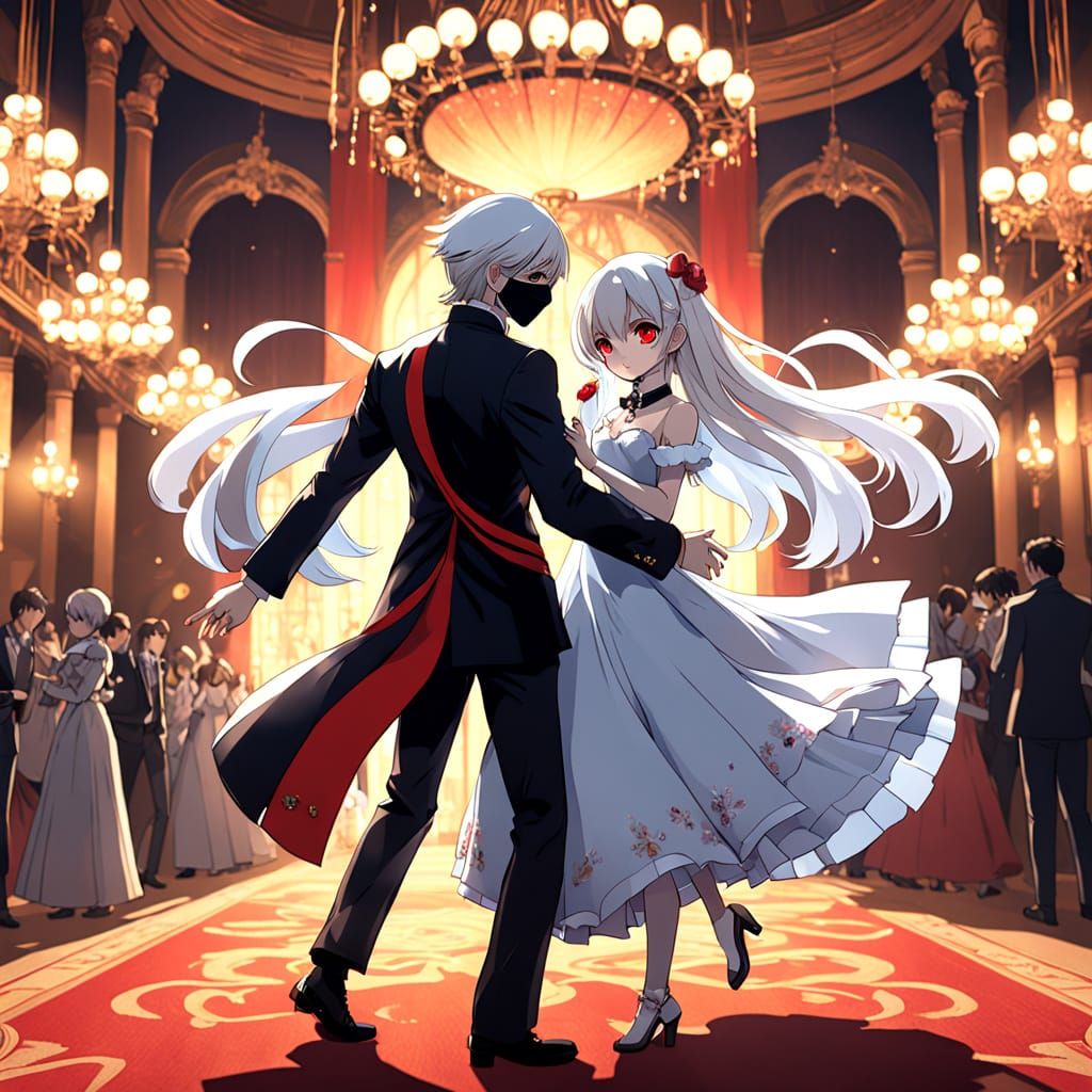 Elegant Anime Figures Dance at a Mysterious Masked Ball in a...