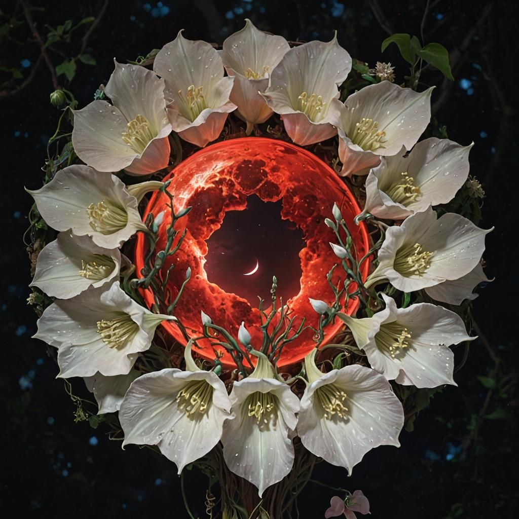 Blood Moon Illuminates Bioluminescent Forest, Digital Painti...