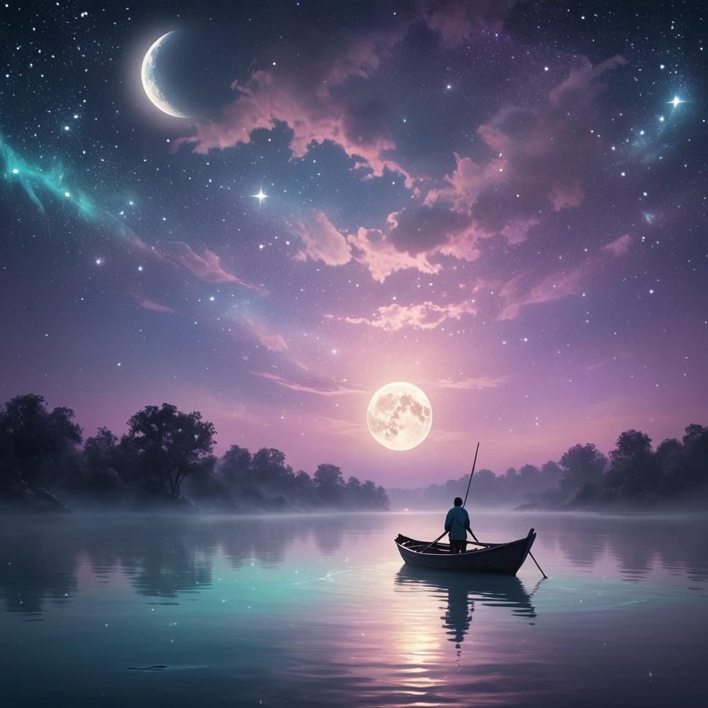 Ethereal Orb Boat Under Moonlight: Dreamlike Digital Art