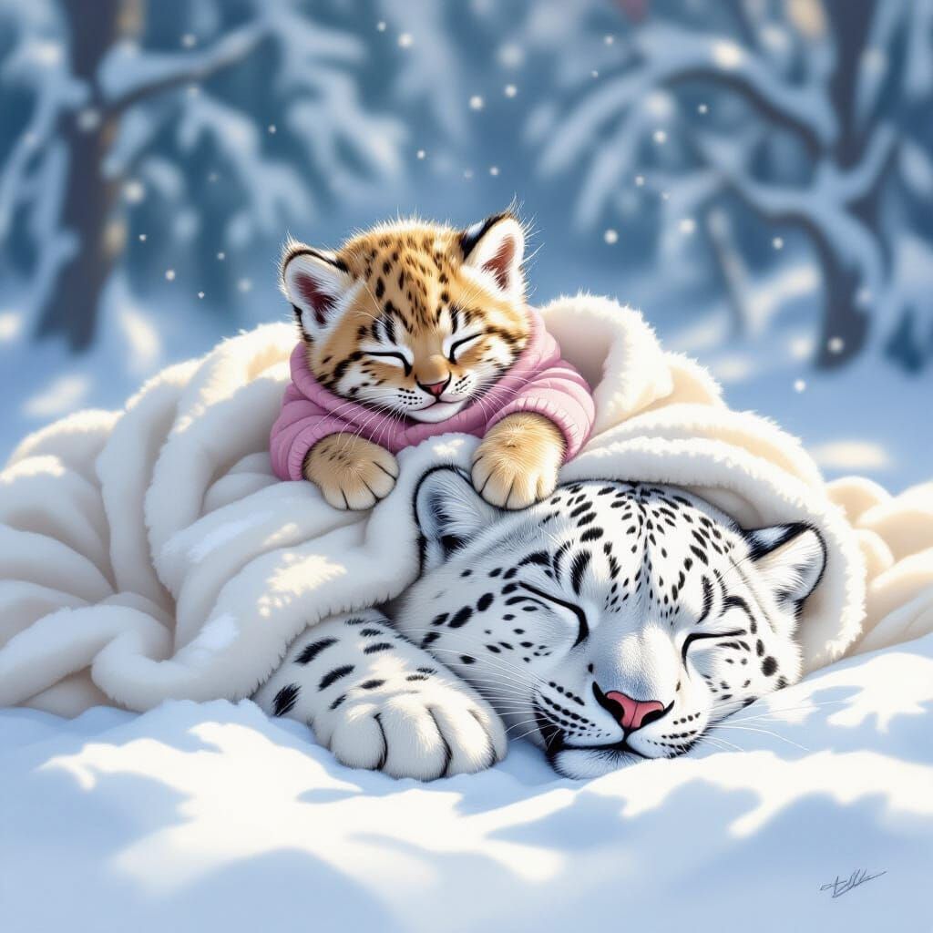 Baby Cat Rests on Sleeping Snow Leopard in Snowy Landscape