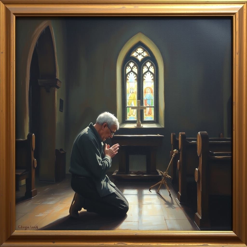 Impressionist Painting of Praying Man in Church