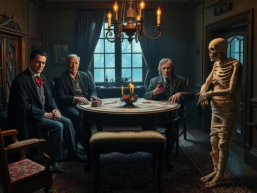 Monsters Play Cards in Haunted House, Beksiński Style